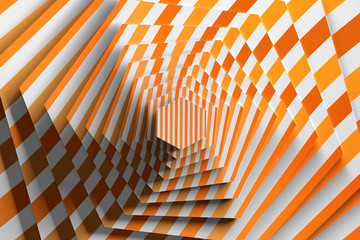 Rotation of textured hexagon with pattern of orange lines. 3d illustration.