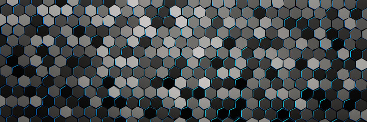 Banner with pattern of many repeating hexagons with blue edges. Multi colored hexagons randomly arranged in monochrome colors. Geometric three dimensional pattern. 3d illustration.