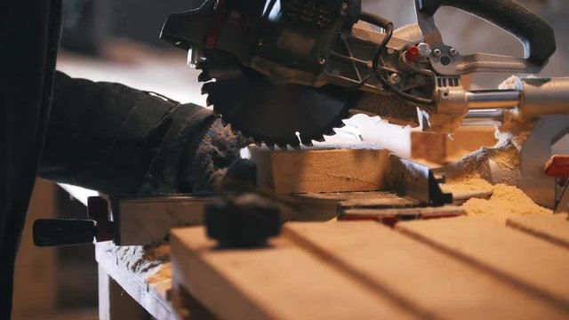 Worker in joinery sawing wooden board by circular saw