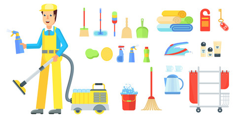 Cleaning service. Man in uniform, clean tools. Vacuum cleaner and ladder, mop and bucket. Flat vector cartoon illustration. Objects isolated on white background.