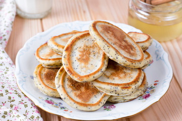 Homemade pancakes with poppy seeds for tasty healthy breakfast