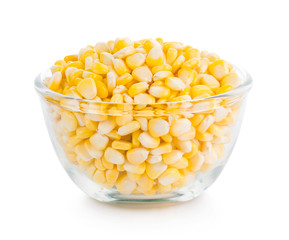 Fresh corn in bowl isolated on white background