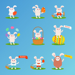 Easter bunny set. Flat vector cartoon illustration. Objects isolated on white background.