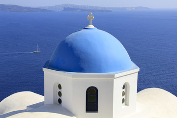 High angle view of church against sea at Santorini