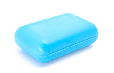 Closeup of blue hygiene toilet soap isolated on white background