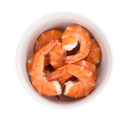 Cooked shrimps in bowl isolated on white background