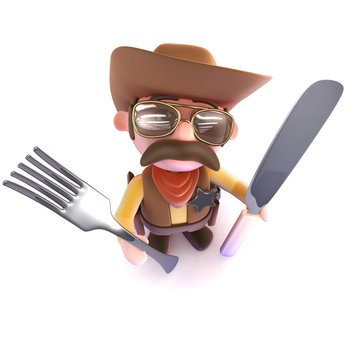 3d Funny cartoon cowboy sheriff holding a knife and fork