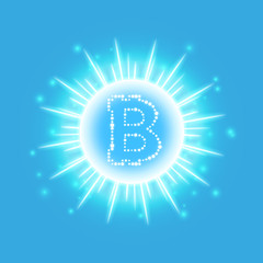 Bitcoin coin over explosion background with blue glitters stars and sparkles on blue background