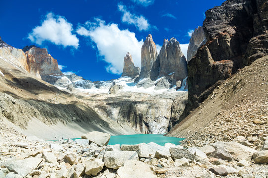 Beautiful mountain lake in national park Torres del Paine, landscape of Patagonia, Chile, South America
