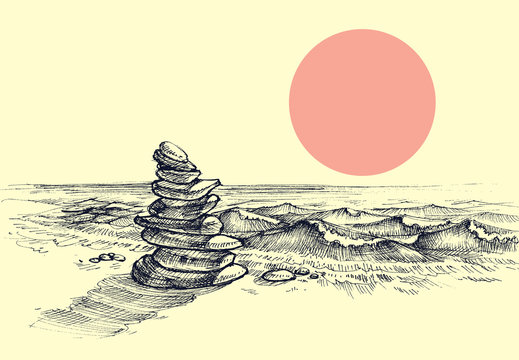 Zen stones on the beach. Beautiful sea shore drawing