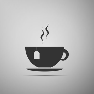 Cup with tea bag icon isolated on grey background. Flat design. Vector Illustration
