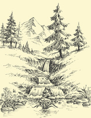 A creek in the mountains. Alpine waterfall landscape - obrazy, fototapety, plakaty