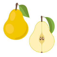 Vector pear. whole fruit and cut in half.