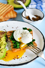 Quick breakfast - poached egg with toast, spinach and avocado.
