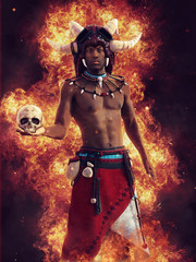 Czarownik voodoo z czaszką na tle płomieni