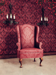 Pokój retro z różowym fotelem i ozdobnymi lampami - obrazy, fototapety, plakaty