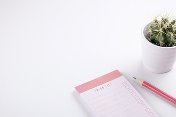 Girlie set of school supplies with plain pencil pen, blank to do list notebook sheets, empty check...
