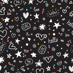 Abstract seamless pattern with different design elements. Modern stylish texture. Geometric colorful shapes. Trendy hand drawn background