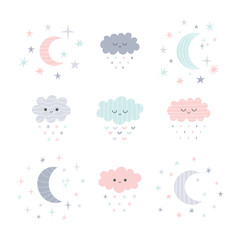 Cute hand drawn smiling clouds and moon with stars. Funny weather theme