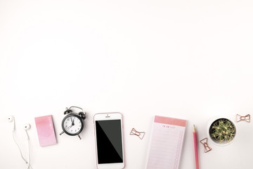 Girlie set of school supplies with plain pencil pen, blank to do list notebook sheets, empty check box. Writer's workspace, teacher's tabletop, hipster, girly, minimalistic flat lay composition.