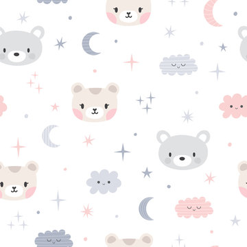 Cute seamless pattern for kids with cartoon little bears. Children background with moon, stars and clouds. Lovely animals