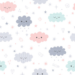 Obraz premium Cute seamless pattern with cartoon clouds for kids. Nursery background. Smiling characters