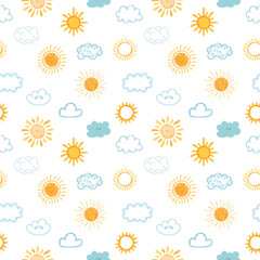 Seamless pattern with hand drawn clouds and sun. Doodle, sketch. Cute background