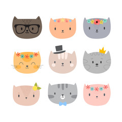 Set of cute cartoon cats. Funny animals. Different kittens in flat style