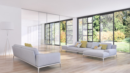 Modern bright interiors 3D rendering illustration