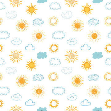 Seamless pattern with hand drawn clouds and sun. Doodle, sketch. Cute background