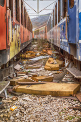 Fototapeta premium Belgrade, Serbia March 21, 2016: Abandoned and destroyed trains