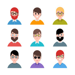 Stylized handsome young boys and men. Avatars in cartoon flat style. Male characters