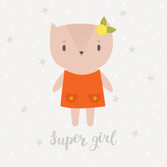 Fototapeta na wymiar Super girl. Cute little kitty. Greeting card or postcard. Beautiful cat with flower