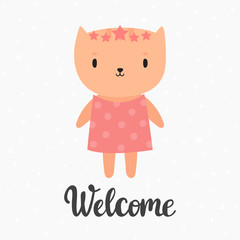 Welcome. Cute little kitty. Greeting card or postcard. Beautiful background for kids