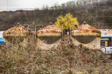 Fototapeta premium Belgrade, Serbia March 21, 2016: Abandoned and destroyed trains