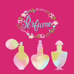 flowers frame with text perfume and Watercolor perfume bottles