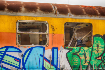 Fototapeta premium Belgrade, Serbia March 21, 2016: Abandoned and destroyed trains