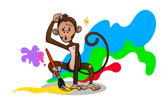 Monkey drawing with paintbrush for coloring book cover cartoon vector