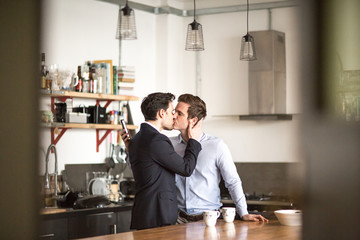 Young male couple kissing at home