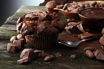 Chocolate muffins, homemade bakery on wooden background