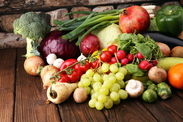 Composition with variety of raw organic vegetables and fruits. Balanced diet