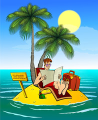 Contented man reads a newspaper on a tiny uninhabited island in the ocean. Palm trees, chaise longue, suitcase, a bottle of alcohol, a plate with Please do not disturb.