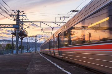 Fototapeta na wymiar Fujinomiya cityscape with Japan railway local train during sunset at Shizuoka prefecture, Japan