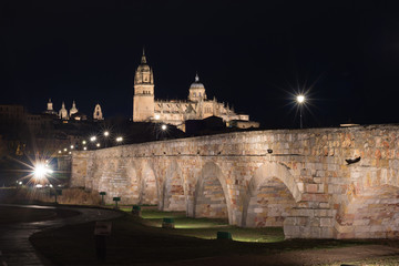 Fototapeta na wymiar Night view of Salamanca cathedral and Roman bridge over Tormes river, Salamanca, Spain.