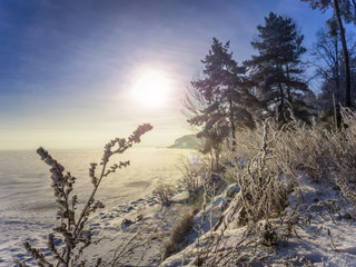 Frozen sea shore on a sunset.