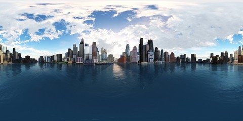Obraz premium HDRI, environment map, Round panorama, spherical panorama, equidistant projection, city above water