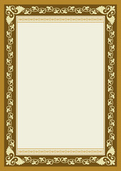 Ornate rectangular framework. A4 proportions. Book cover decoration, icon case, template for certificate, diploma.