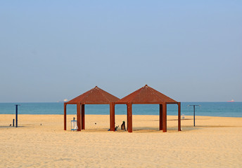 View on public beach on Mediterranean Sea in the morning in Ashkelon, Israel