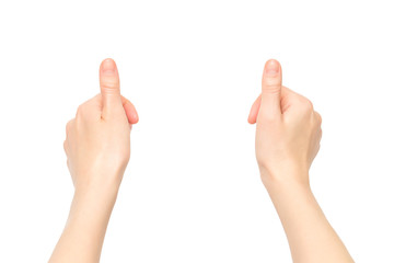 Closeup empty female hands making holding gesture isolated at white background.