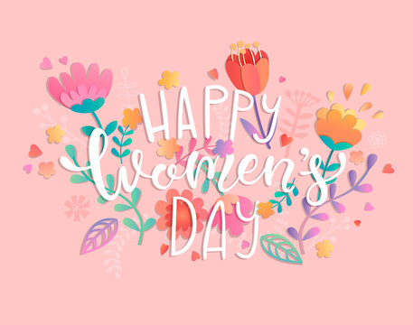 Happy women's day with handdrawn lettering on pink background pastel colors with beautiful flowers. Vector illustration template, banner, flyer, invitation, poster.